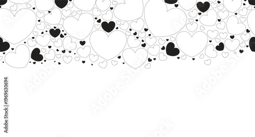 Love hearts black and white top border. Romance Valentines. Seamless upper frame with line art pattern. Flat 2D graphic with falling composition. Copy space overlay repeat. Horizontal header divider