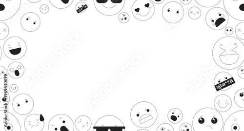 Cute emojis black and white border copy-space. Various emoticons. Seamless repeat pattern frame. Flat line graphic composition with copyspace center. Outline vector background with scattered elements