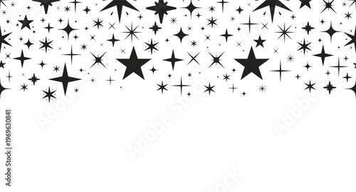 Stars sparkles black and white top border. Starbursts. Seamless upper frame with line art pattern. Flat 2D graphic with falling composition. Copy space overlay repeat. Horizontal header divider