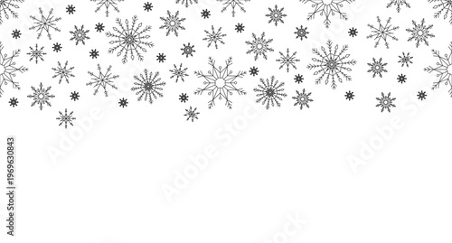 Snowflakes winter black and white top border. Snowfall. Seamless upper frame with line art pattern. Flat 2D graphic with falling composition. Copy space overlay repeat. Horizontal header divider