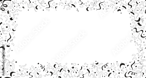 Confetti curling streamers black and white border copy-space. Seamless repeat pattern frame. Flat line graphic composition with copyspace center. Outline vector background with scattered elements