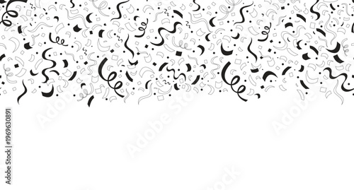 Confetti curling streamers black and white top border. Seamless upper frame with line art pattern. Flat 2D graphic with falling composition. Copy space overlay repeat. Horizontal header divider