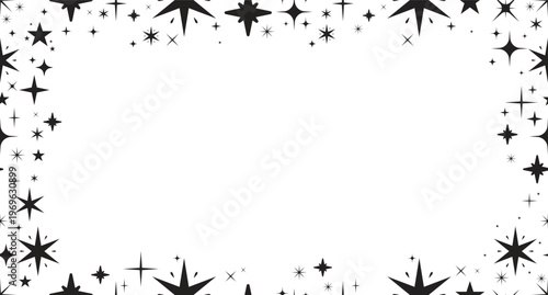 Stars sparkles black and white border copy-space. Starbursts. Seamless repeat pattern frame. Flat line graphic composition with copyspace center. Outline vector background with scattered elements