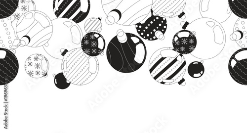Christmas ornaments black and white top border. Baubles. Seamless upper frame with line art pattern. Flat 2D graphic with falling composition. Copy space overlay repeat. Horizontal header divider