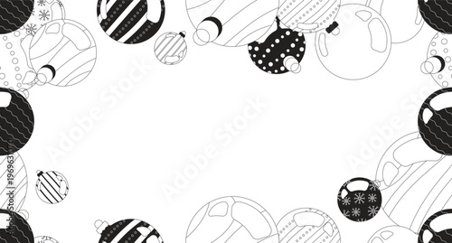 Christmas ornaments black and white border copy-space. Baubles. Seamless repeat pattern frame. Flat line graphic composition with copyspace center. Outline vector background with scattered elements