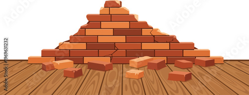 Pile of broken bricks on a wooden floor, representing construction failure or damage