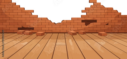 Damaged brick wall with broken sections revealing a white background, standing on a wooden floor