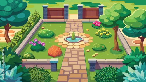 Garden with a fountain and colorful plants during daytime in a residential area