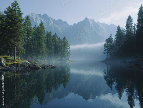 Misty Mountain Lake with Pine Trees and Reflection