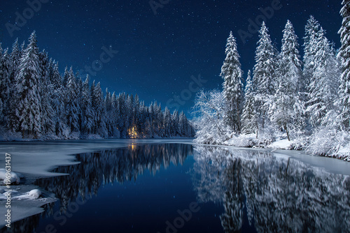 Starry Night Over Snow-Covered Forest Lake