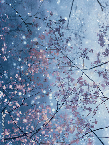 Cherry Blossom Branches Against Blue Sky with Snow