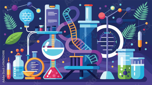Colorful display of lab equipment showing chemical reactions and scientific research processes in a modern laboratory setting