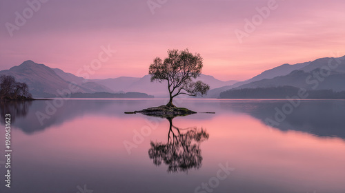 Lonely Tree in Calm Lake at Pink Dusk