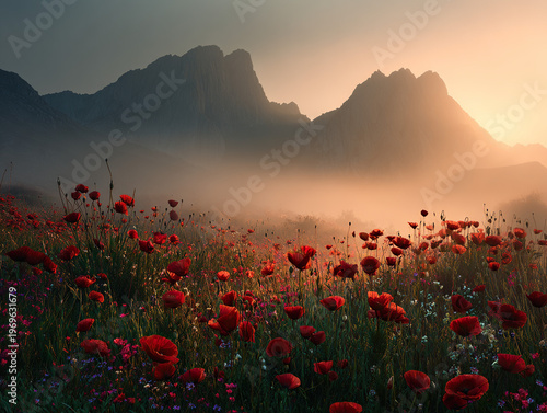 Sunrise Over Red Poppy Field with Mountain Backdrop