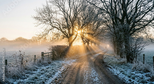 Sunrise Over Frosty Countryside Road with Trees