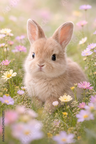 Cute Baby Bunny in Flower Field
