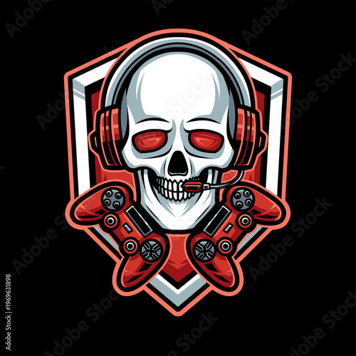 Vector graphic illustration of a gaming skull wearing a headset with a game controller, in a modern esports mascot style, isolated on a white background. Perfect for gaming logos, streamer branding.