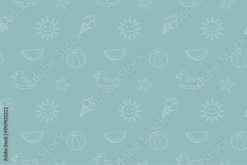 Summer pattern seamless doodle elements white line on background.
