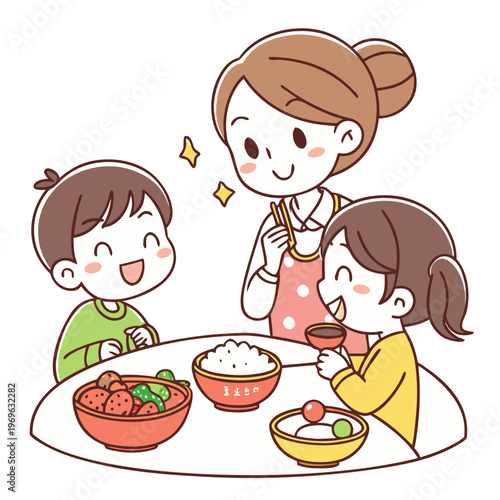 Cute family eating dinner, mother serving food to children, mealtime vector illustration