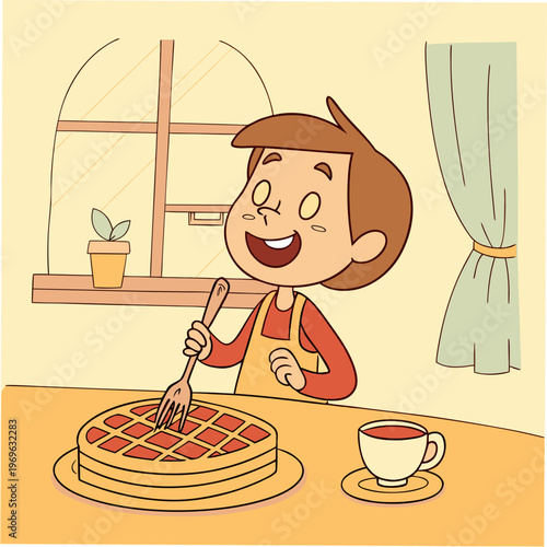 Cartoon boy, smiling, making waffles, breakfast scene, kitchen