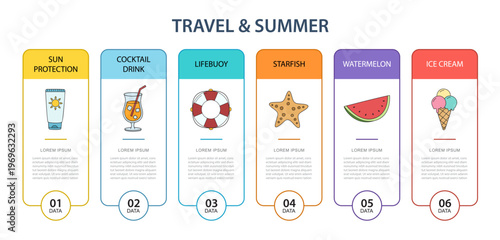 Travel and summer infographic template with beach holiday for vacation planning and tourism.