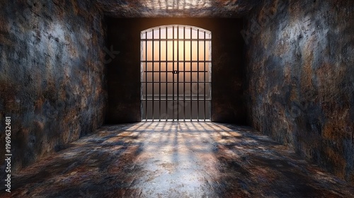 Rusty, dark cell with barred window. Sunlight streams through