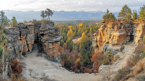 Scenic autumn vista from a rocky outcrop overlooking a valley.  A sunlit canyon, with various shades of golden and brown rock formations.  Autumn foliage surrounds the dramatic landscape