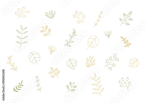 葉っぱや木の実などの植物の手描きイラストセット（黄色・緑）