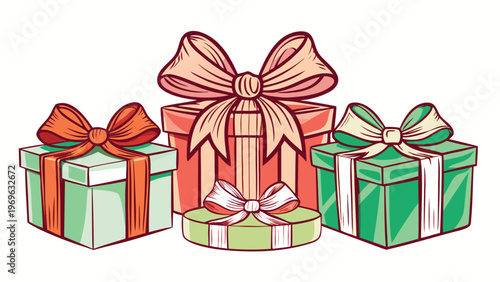 Different gift boxes with ribbons displayed together on a white background during a celebration or special occasion in the afternoon