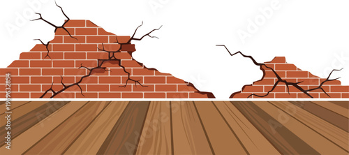 Damaged Brick Wall with Wooden Floor - Illustration of Decay and Destruction