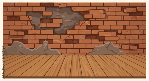 Rustic Wooden Planks in Front of a Damaged Brick Wall Texture Background
