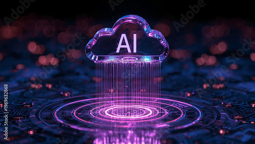 Cloud and edge computing technology data transfer concept. A large cloud icon is in the center, Ai Brain Cloud Big data, network, Science and futuristic ai cloud background concept.