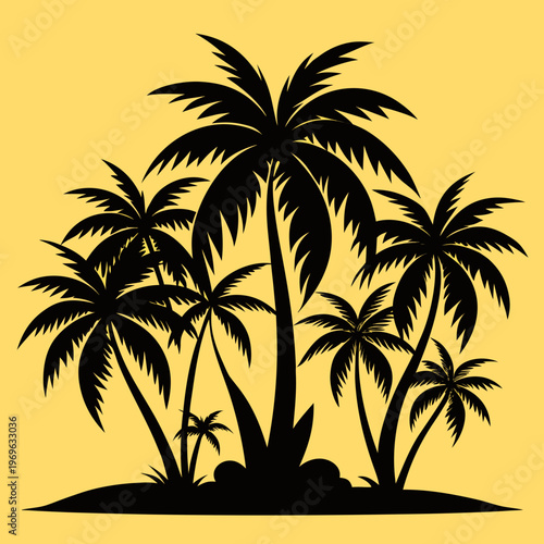 Tropical Palm Tree Silhouette at Sunset, Summer Beach Nature Illustration