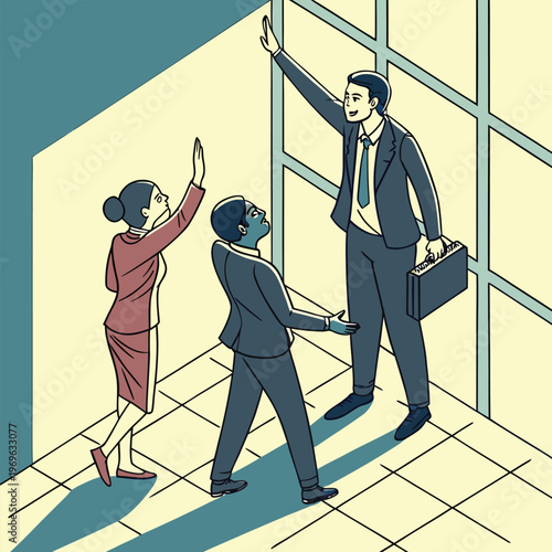 Business professionals celebrating success with a high five in an office