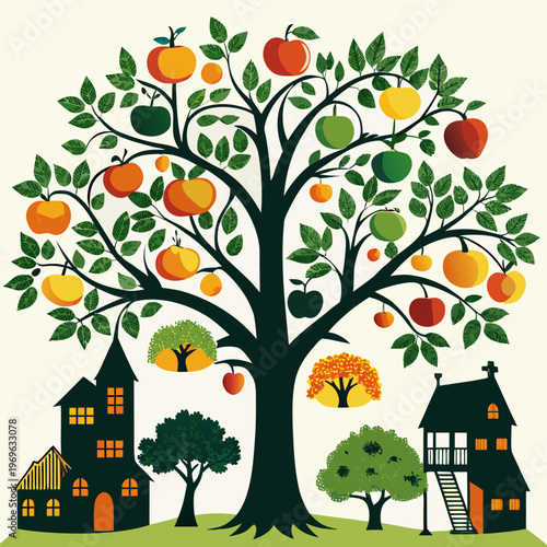 Apple Tree Illustration with Village Houses, Nature and Rural Landscape