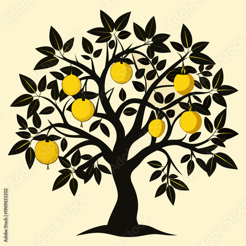 Lemon Tree Vector Illustration, Minimal Fruit Tree Silhouette Design