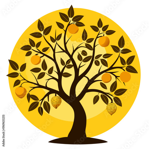 Fruit Tree Vector Illustration with Yellow Circle Background, Organic Nature Design