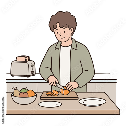 Man cutting fruits on kitchen counter with toaster nearby indoors