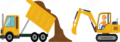 Construction vehicles illustration featuring dump truck unloading soil and excavator digging with operator in bright flat vector style design