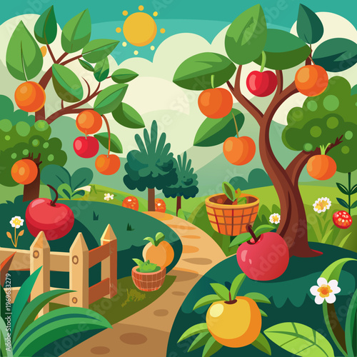 Cartoon Fruit Orchard Landscape with Apple Trees and Basket Illustration