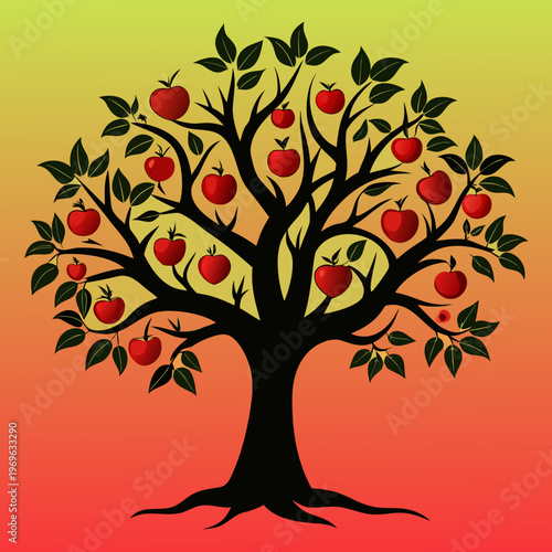 Apple Tree Silhouette at Sunset, Warm Gradient Nature Illustration