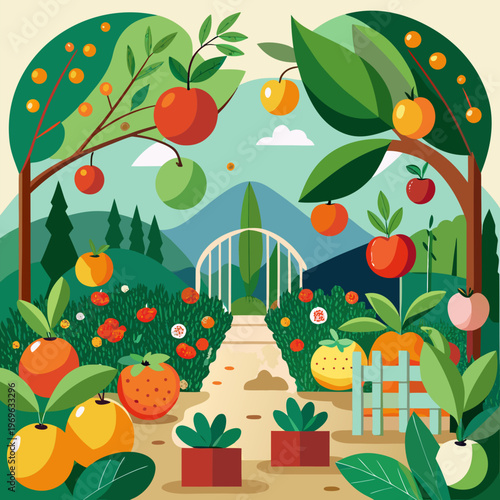 Colorful Fruit Garden Landscape Illustration with Orchard Path and Trees