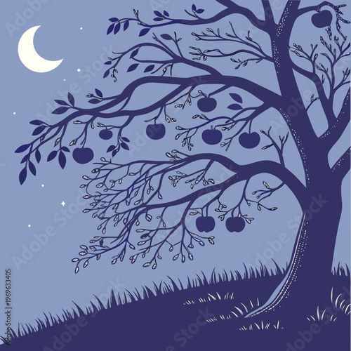 Night Landscape with Tree and Moon, Silhouette Nature Illustration