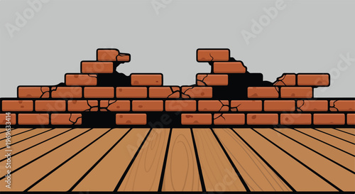 Fragmented brick wall with distressed wooden floor in an illustrative style