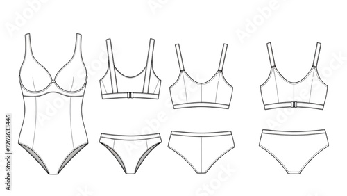 Vector CAD design style lingerie set with various bras and underwear