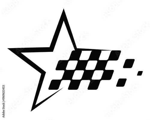 Star racing emblem with checkered flag motion effect, dynamic motorsport logo for automotive branding, esports graphics, sports merchandise design. Vector illustration
