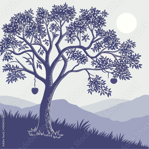 Scenic Tree Landscape Silhouette, Nature Background Vector Illustration