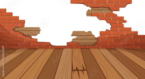 Broken brick wall with damaged wooden floor illustrating a scene of dilapidation and neglect