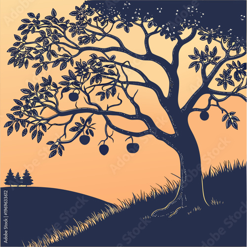 Fruit Tree Silhouette at Sunset, Scenic Orchard Landscape Vector Illustration