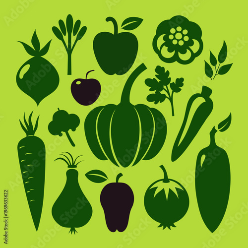 Fruits and Vegetables Silhouette Set, Organic Food Vector Collection
